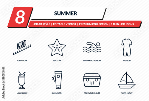summer icons set - funicular, sea star, swimming person, wetsuit, yatch boat outline vector collection.
