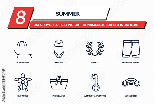 summer icons set - beach chair, swimsuit, wreath, swimming trunks, sea scooter outline vector collection.