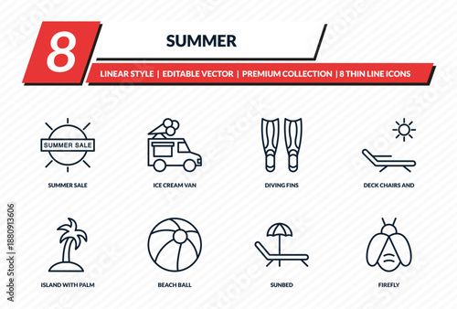 summer icons set - summer sale, ice cream van, diving fins, deck chairs and sun, firefly outline vector collection.