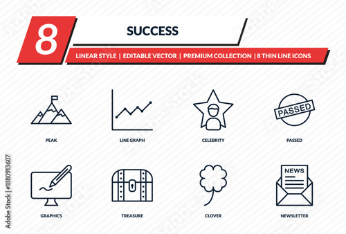 success icons set - peak, line graph, celebrity, passed, newsletter outline vector collection.