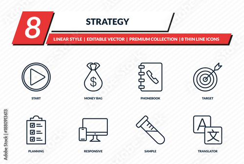 strategy icons set - start, money bag, phonebook, target, translator outline vector collection.