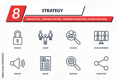 strategy icons set - padlock, leader, analysis, video conference, connection outline vector collection.