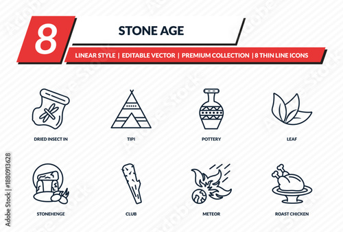 stone age icons set - dried insect in amber, tipi, pottery, leaf, roast chicken outline vector collection.