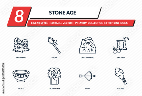 stone age icons set - diaur egg, spear, cave painting, dolmen, cudgel outline vector collection.