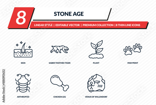 stone age icons set - skin, saber toothed tiger, plant, paw print, rock art outline vector collection.