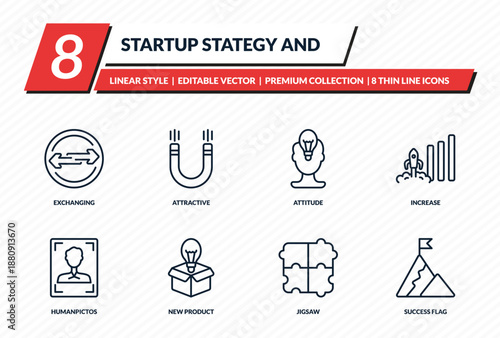startup stategy and icons set - exchanging, attractive, attitude, increase, success flag outline vector collection.