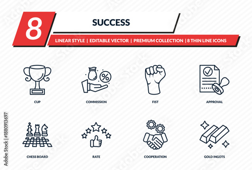 success icons set - cup, commission, fist, approval, gold ingots outline vector collection.
