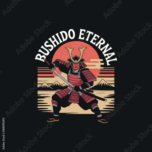Bushido eternal vintage samurai illustration with traditional japanese warrior holding katana sword in battle pose