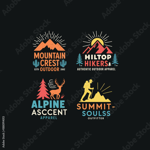 Collection of four retro outdoor adventure badges for hiking and camping apparel