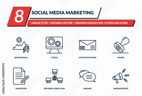 social media marketing icons set - recreational, system, letter with stamp, stamps, announcement outline vector collection.