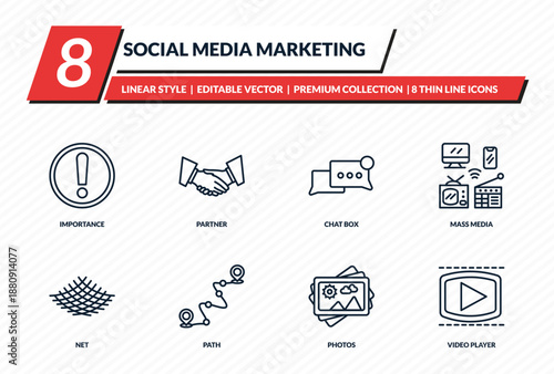 social media marketing icons set - importance, partner, chat box, mass media, video player outline vector collection.