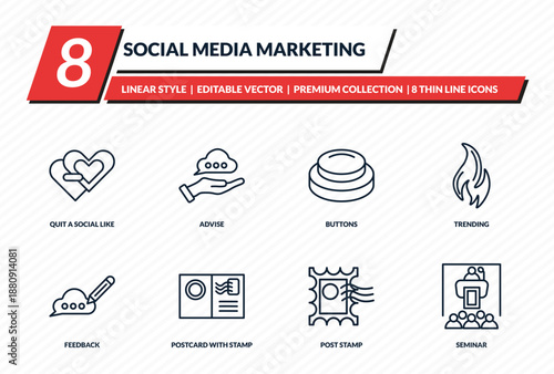 social media marketing icons set - quit a social like, advise, buttons, trending, seminar outline vector collection.