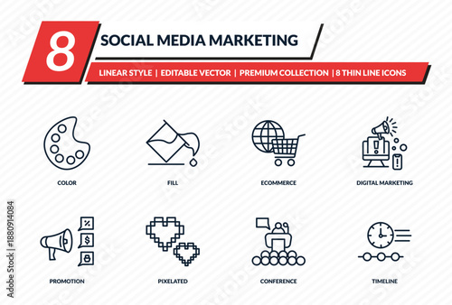 social media marketing icons set - color, fill, ecommerce, digital marketing, timeline outline vector collection.