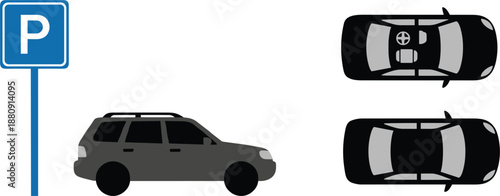 Parking sign with car top and side view icons isolated on white background vector illustration for transportation traffic design