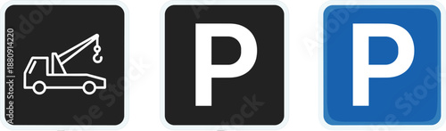 Parking sign icon set with tow truck and letter P symbols isolated on white background vector illustration