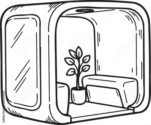 A futuristic indoor pod with a plant and a couch