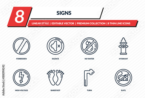 signs icons set - forbidden, silence, no water, hydrant, rats outline vector collection.