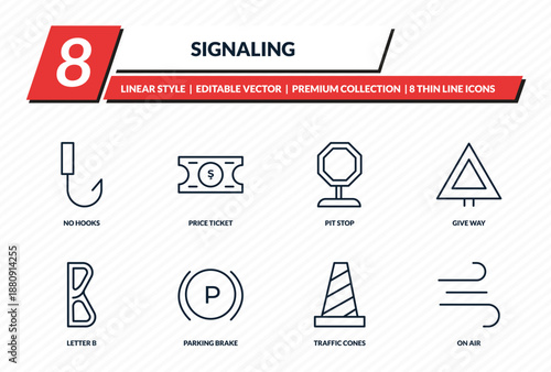 signaling icons set - no hooks, price ticket, pit stop, give way, on air outline vector collection.