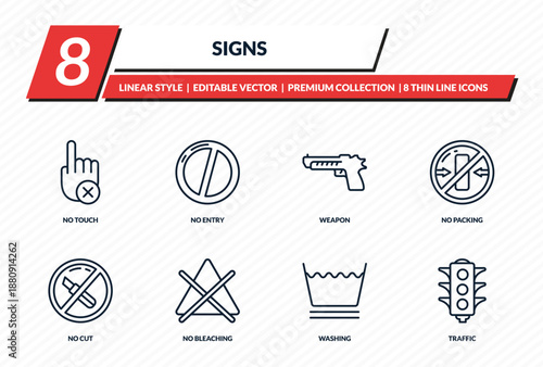 signs icons set - no touch, no entry, weapon, no packing, traffic outline vector collection.