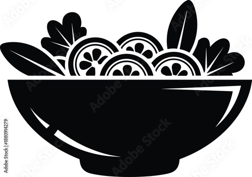 Fresh green salad bowl icon featuring black silhouette of healthy vegetables with cucumber slices, lettuce leaves, and spinach for menu.