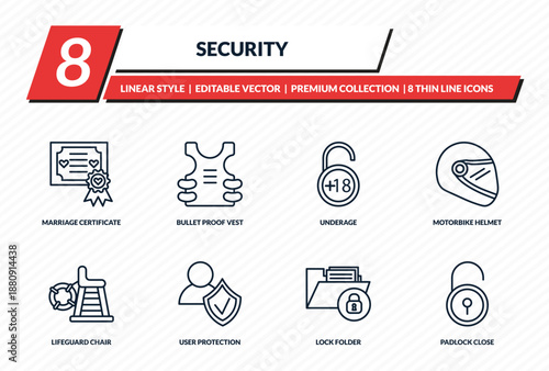 security icons set - marriage certificate, bullet proof vest, underage, motorbike helmet, padlock close outline vector collection.