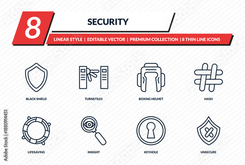 security icons set - black shield, turnstiles, boxing helmet, hash, unsecure outline vector collection.