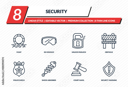 security icons set - float, ski goggles, unlock padlock, obstacle, security warning outline vector collection.