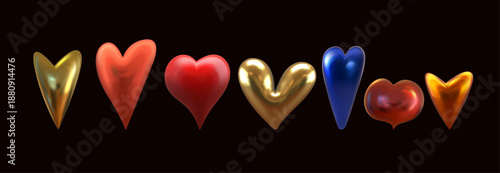 3D cartoon colorful heart shape toy collection isolated on black. Realistic vector hearts for Valentine’s Day, Mother’s Day decor, gifts, cards, banners, festive design. Matte and glossy surface.