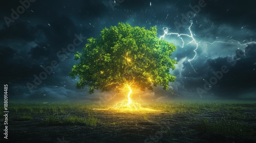 Majestic green tree struck by lightning in a stormy landscape