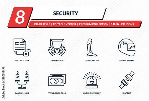 security icons set - unlocked file, goalkeeper, leg protector, racing helmet, seat belt outline vector collection.