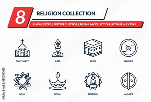 religion collection. icons set - christianity, pope, islam, nihilism, animism outline vector collection.