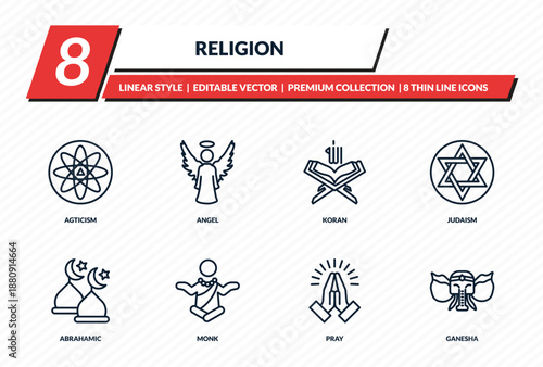 religion icons set - agticism, angel, koran, judaism, ganesha outline vector collection.