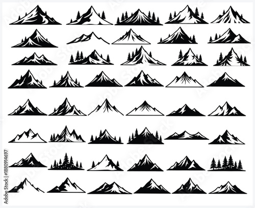 Collection of various mountain silhouettes in different shapes and sizes