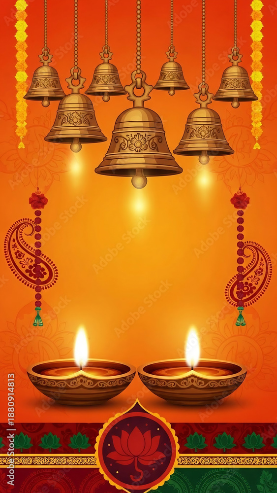 Obraz premium Colourful Tamil Wedding Invitation with Glowing Oil Lamps and Temple Bells in Warm Gold Tones