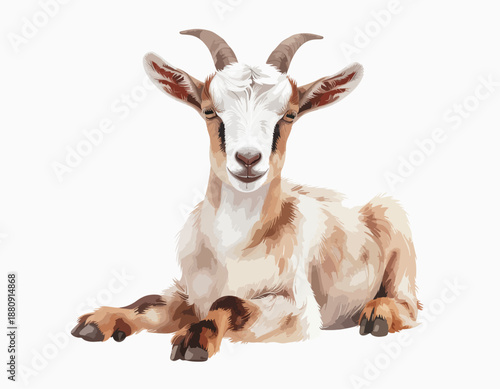 Resting goat illustration isolated on white shows the animal in a relaxed pose with horns and fur details ideal for design projects