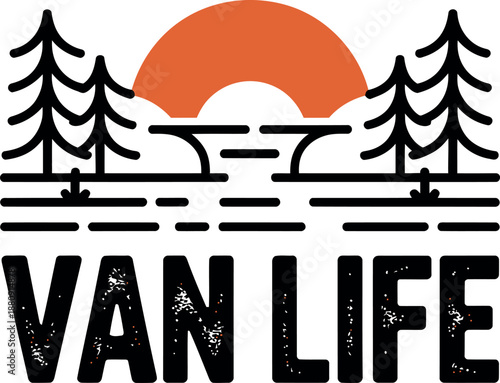 Van life adventure outdoor design, forest trees and lake with sunset on a transparent background