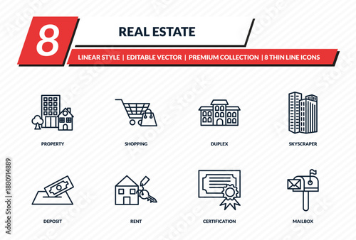 real estate icons set - property, shopping, duplex, skyscraper, mailbox outline vector collection.