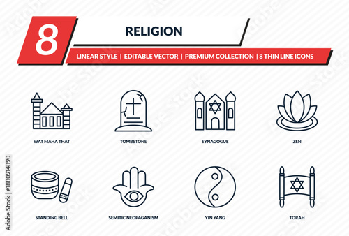 religion icons set - wat maha that, tombstone, synagogue, zen, torah outline vector collection.