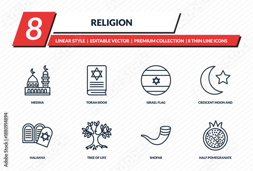religion icons set - medina, torah book, israel flag, crescent moon and star, half pomegranate outline vector collection.
