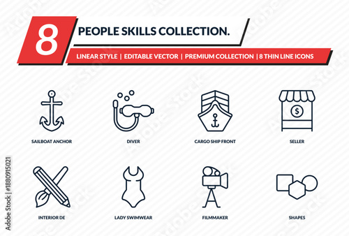 people skills collection. icons set - sailboat anchor, diver, cargo ship front view, seller, shapes outline vector collection.
