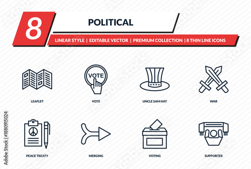 political icons set - leaflet, vote, uncle sam hat, war, supporter outline vector collection.