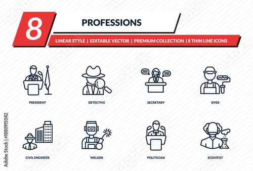 professions icons set - president, detective, secretary, dyer, scientist outline vector collection.
