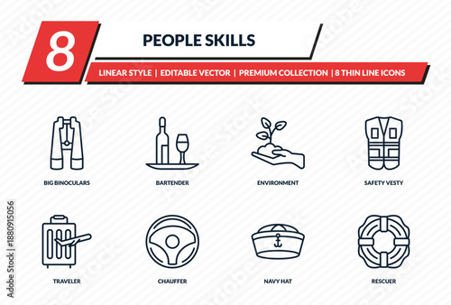 people skills icons set - big binoculars, bartender, environment, safety vesty, rescuer outline vector collection.