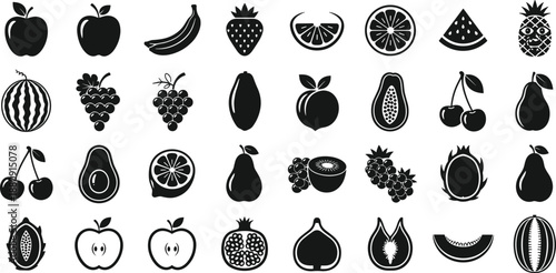Large collection of black fruit icons featuring apple, banana, strawberry, grape, watermelon, pineapple, cherry, and pear symbols for healthy food design.