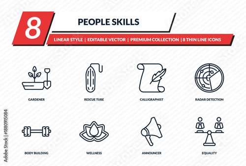 people skills icons set - gardener, rescue tube, calligraphist, radar detection, equality outline vector collection.