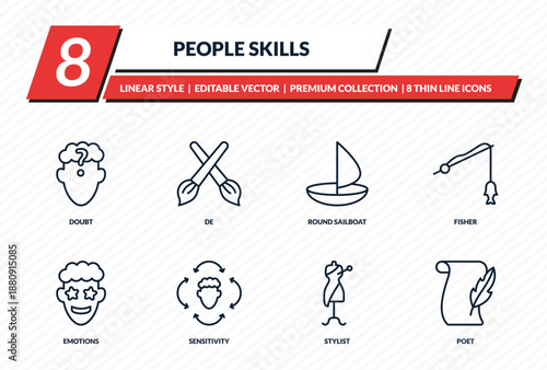 people skills icons set - doubt, de, round sailboat, fisher, poet outline vector collection.