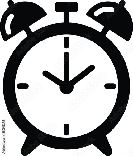 A black and white illustration of a vintage alarm clock viewed from the front on a neutral background