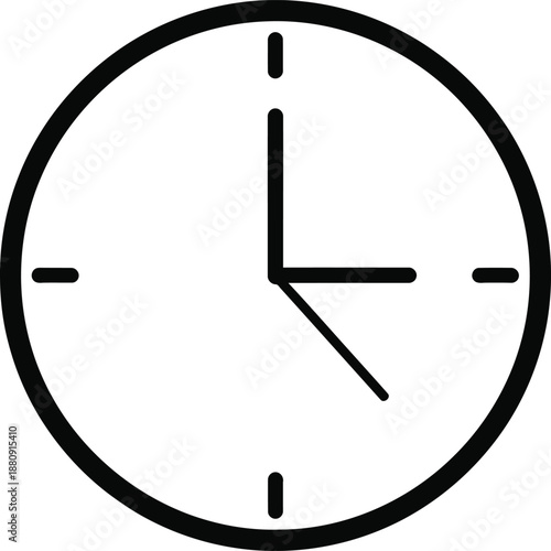 Simple black clock face illustration with hour and minute hands displayed on a white background viewed from the front