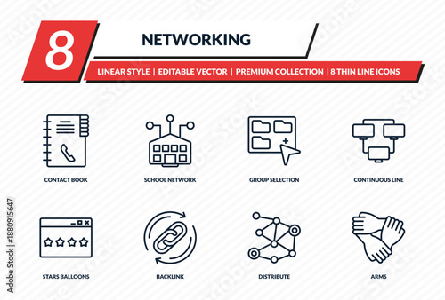 networking icons set - contact book, school network, group selection, continuous line, arms outline vector collection.