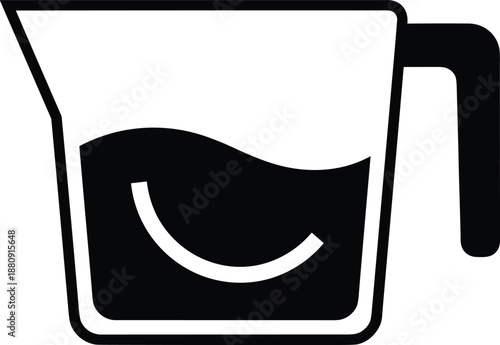 Measuring jug icon featuring a black silhouette with water level for kitchen cooking, baking, liquid volume measurement, culinary tools, and lab.